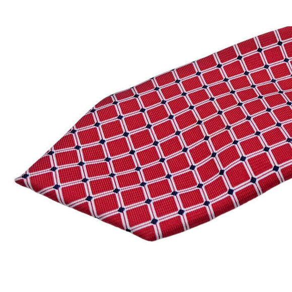 Ralph Lauren Chaps Necktie Tie Red Geometric Square Grid Pattern White Blue Silk - Picture 1 of 7
